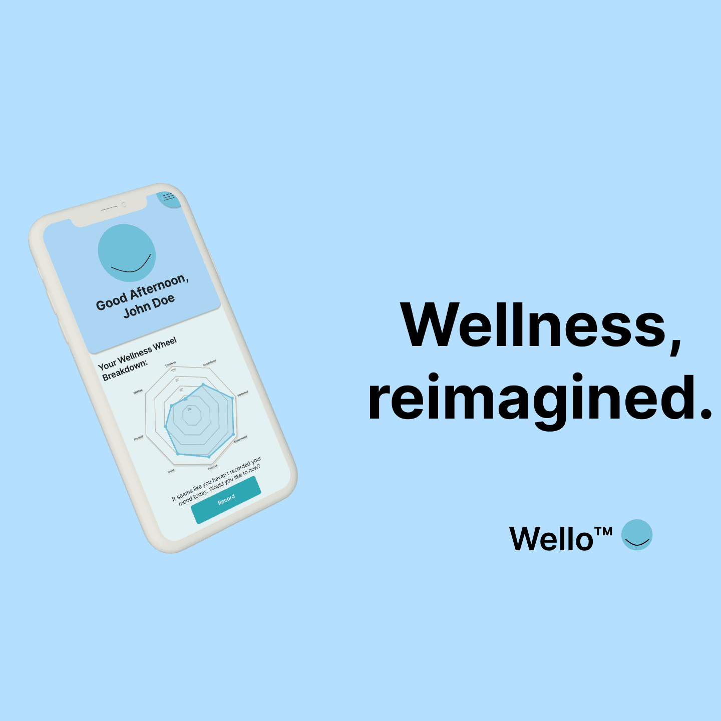 Wello key art: a phone showing the wellness wheel beside the line “Wellness, reimagined.”