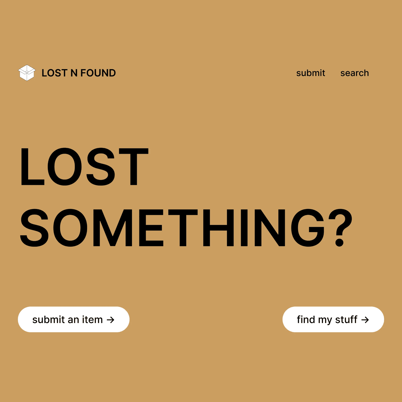The first Foundry homepage: “Lost something?” in black on tan, with submit and search buttons