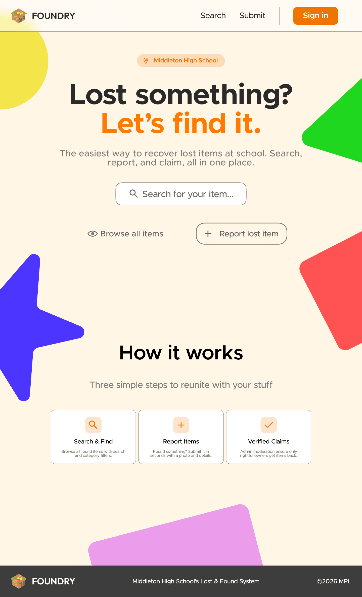 The homepage end to end, hero through the three-step explainer
