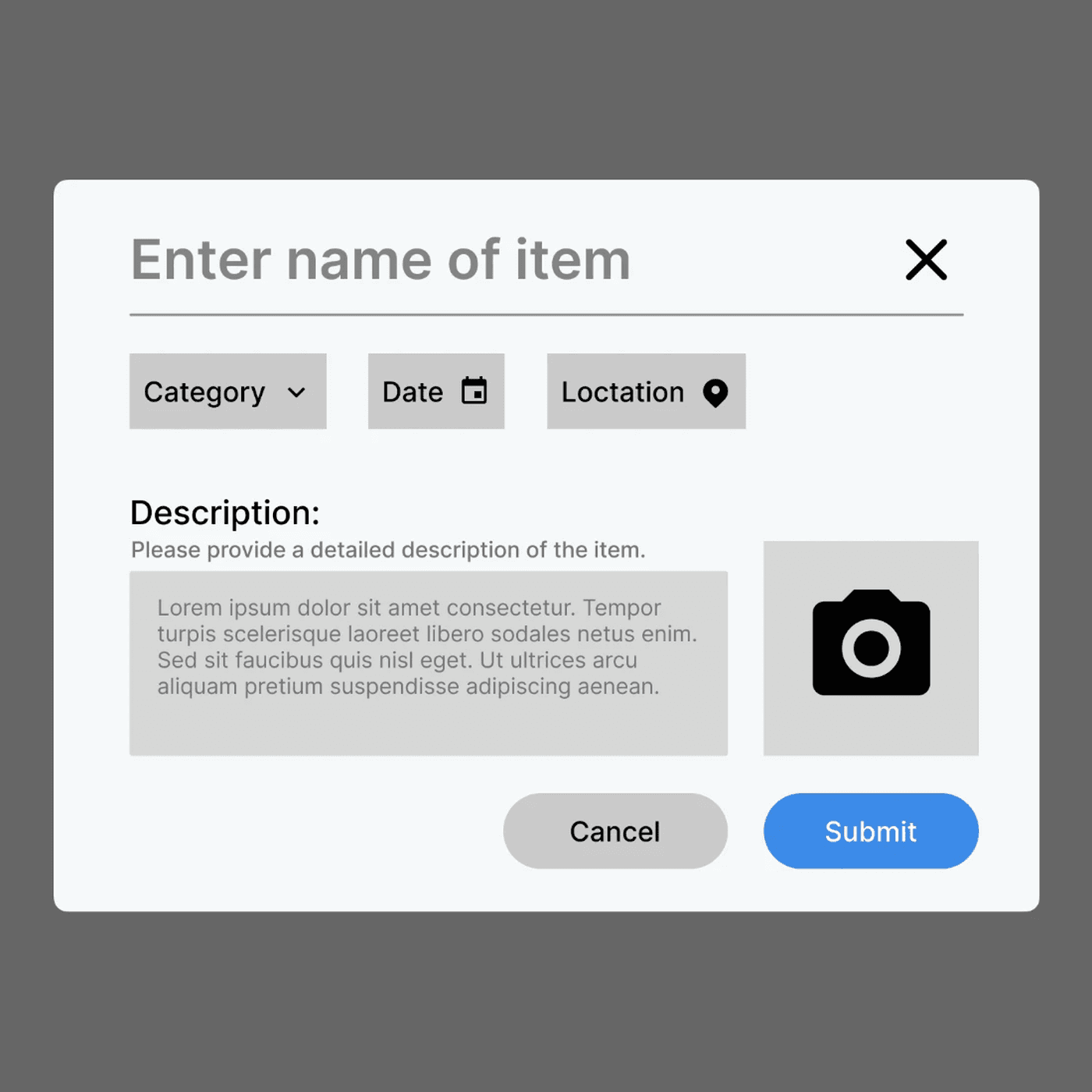The original submit-an-item modal, wireframed with category, date and location fields